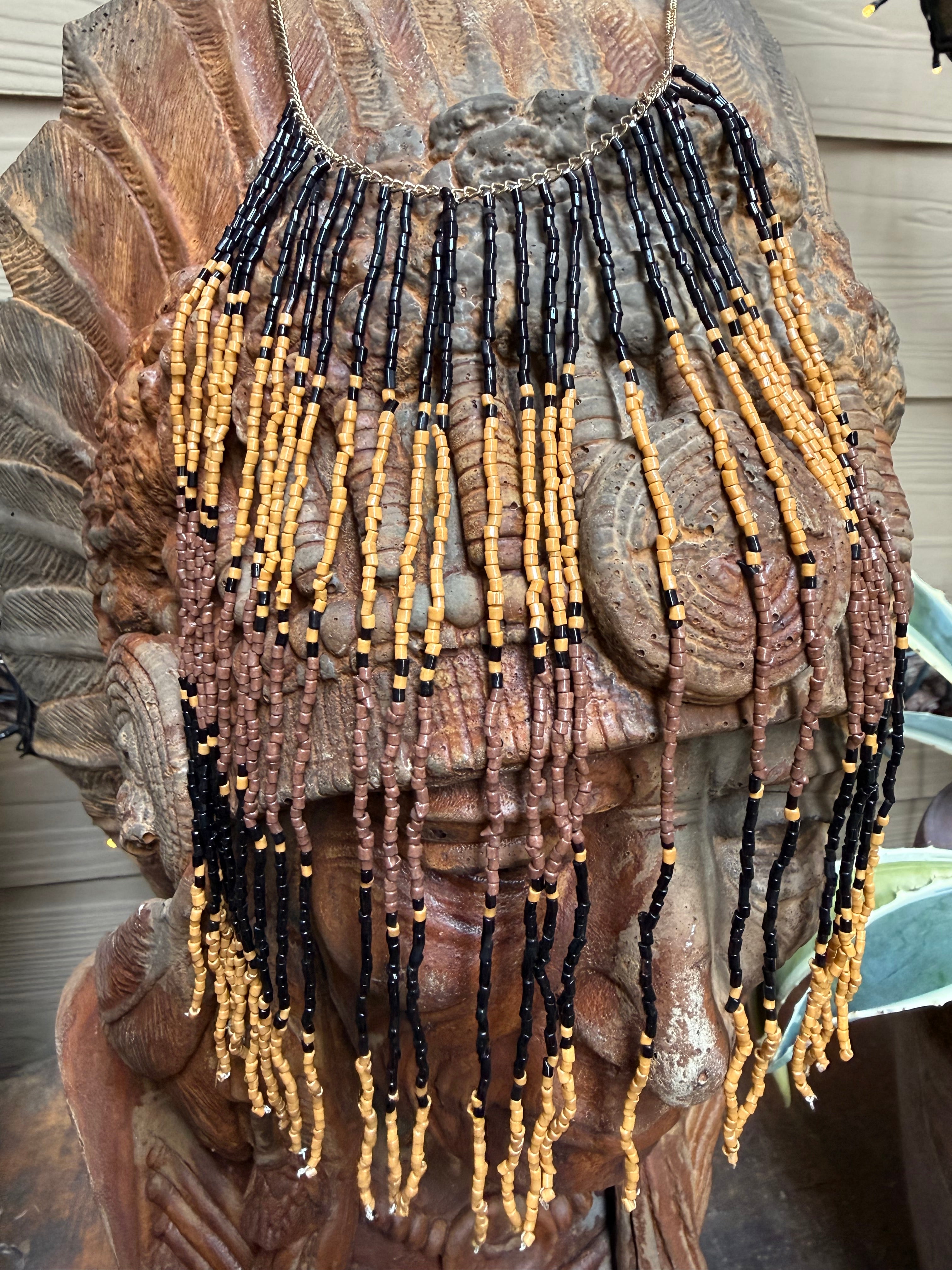 Handcrafted Beaded Fringe Necklace with Amber, Black and Natural Seed Beads