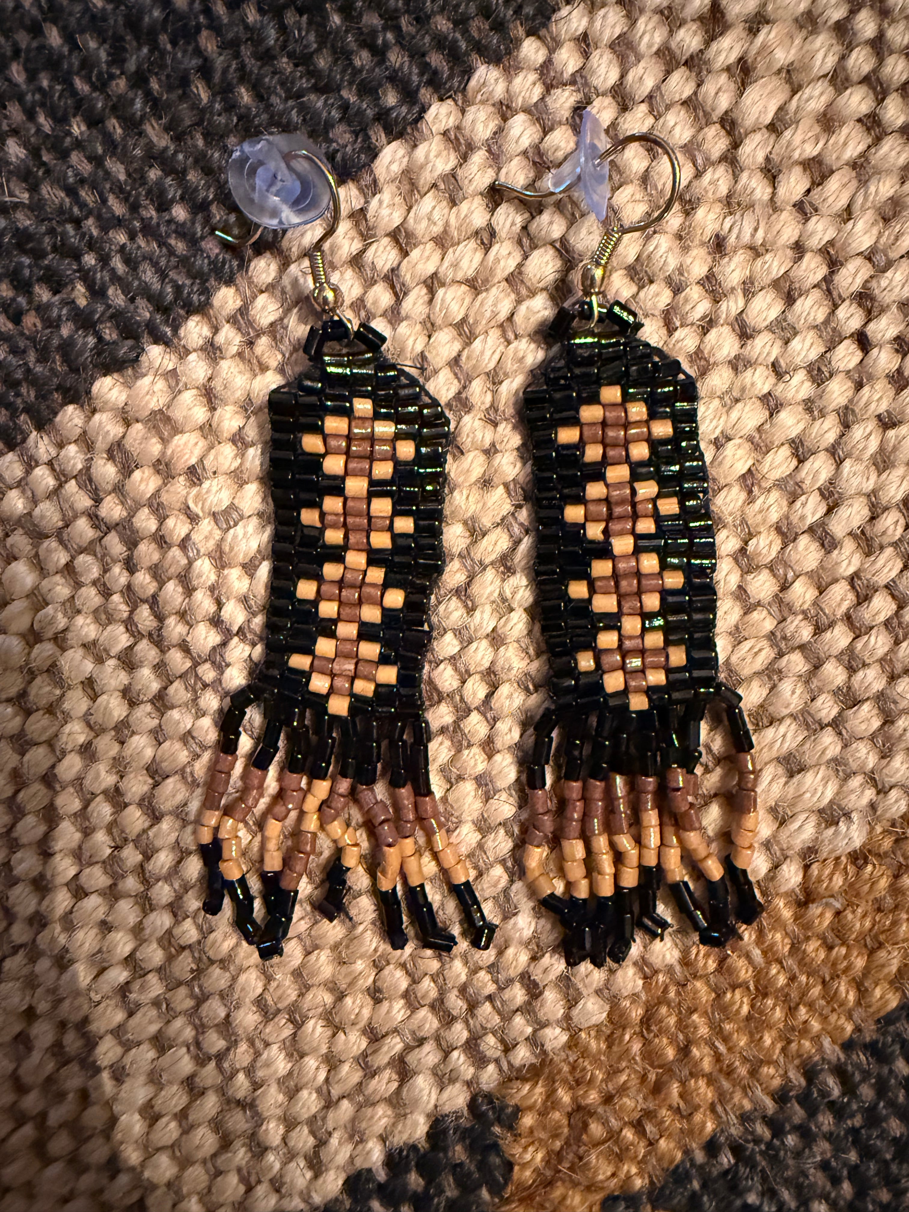 Tribal Beaded Earrings with Geometric Patterns in Gold, Black and Tan