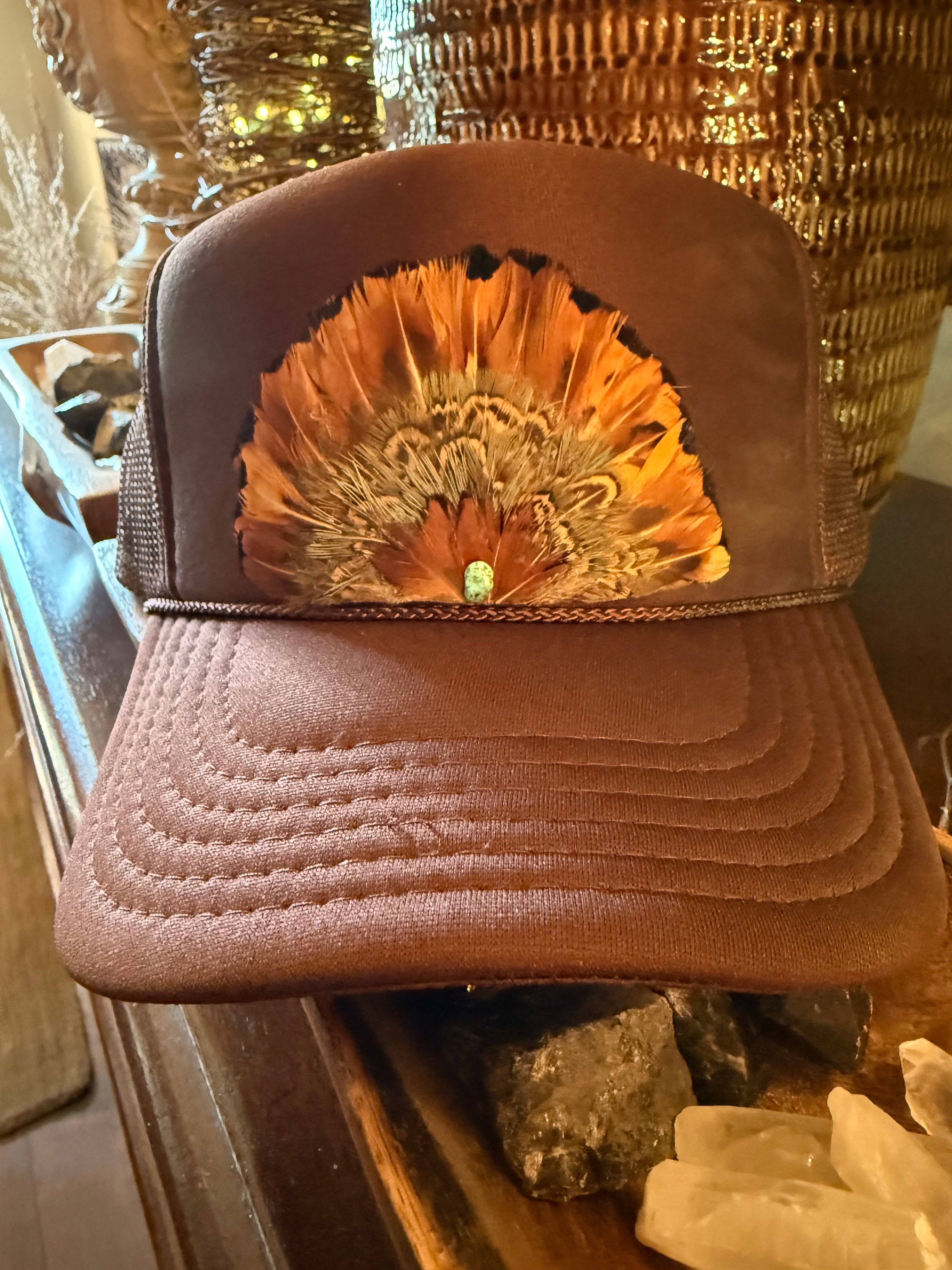 Thomas Trucker with Feathers & Turquoise Fan Medallion on Brown