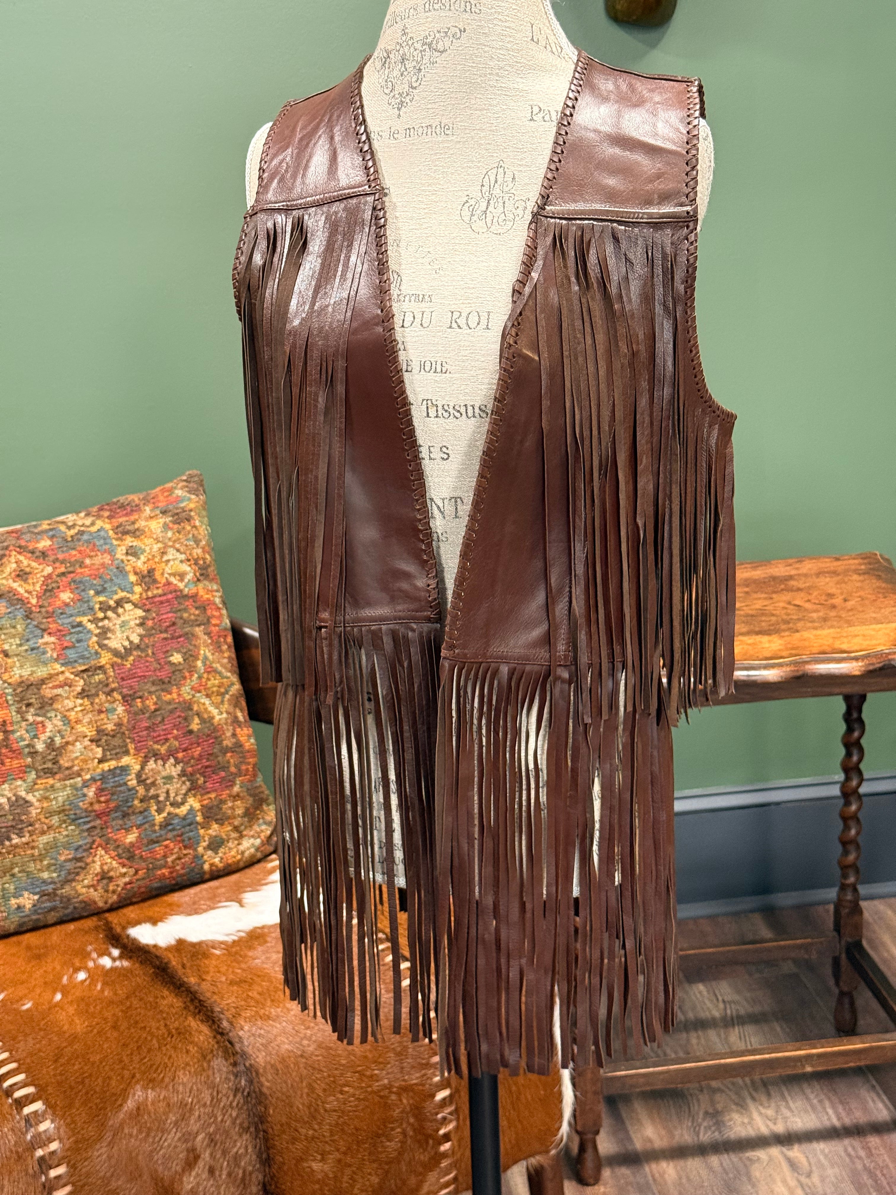 Long Fringe Dark Leather Vest