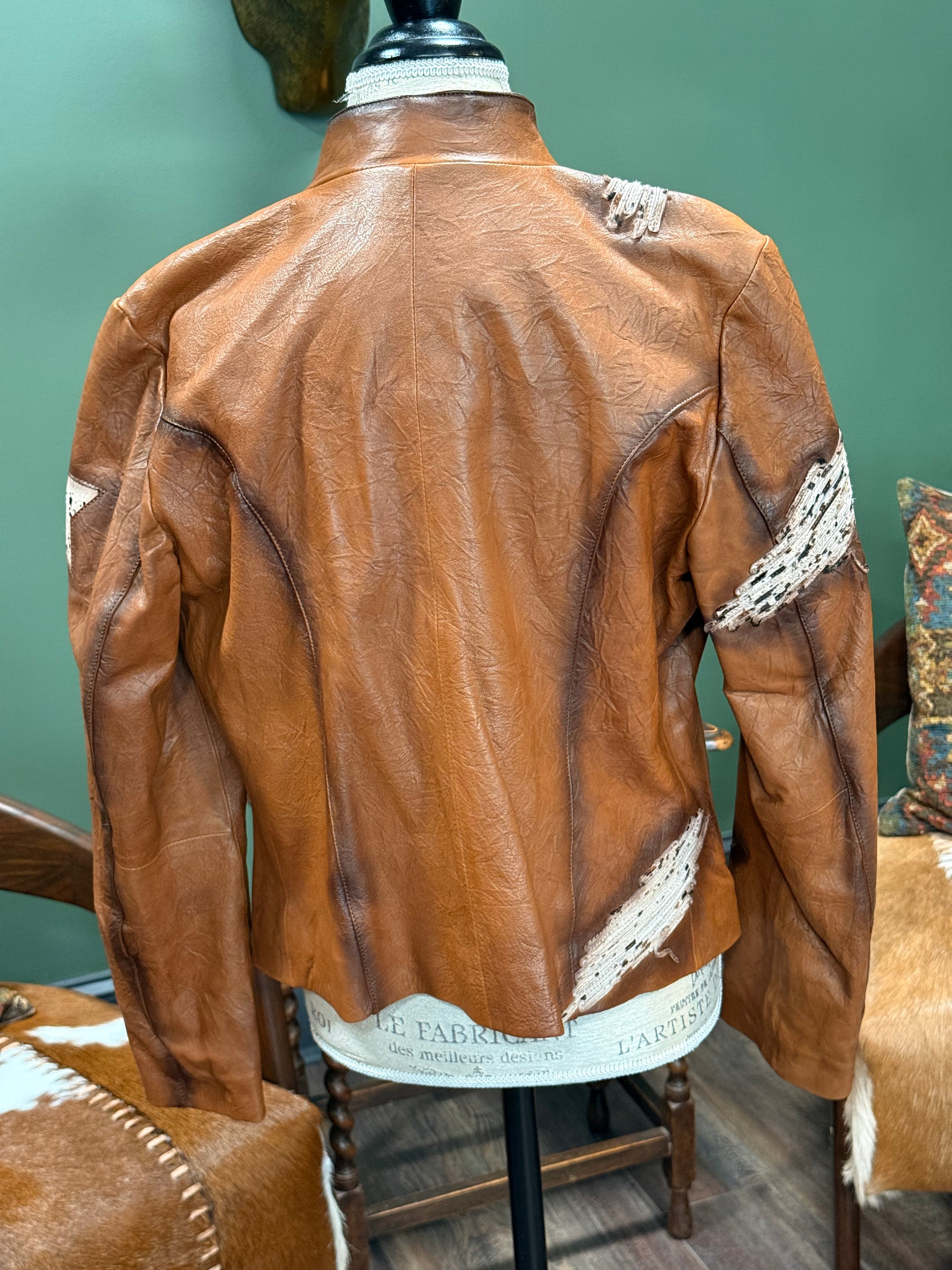 Leather Jacket with Cowhide Stars and Feathers Appliques