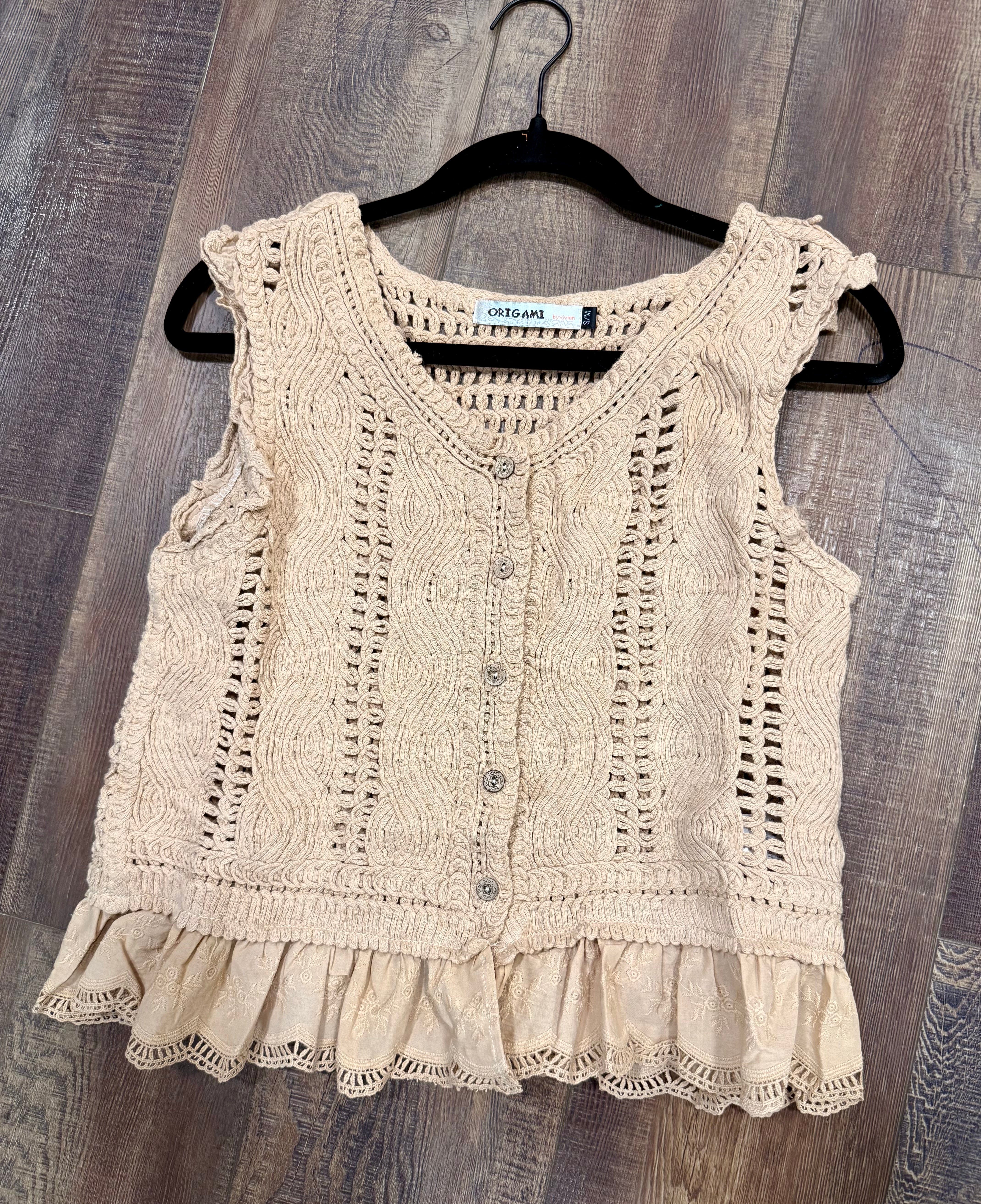 Crochet Tan Vest with Lace Details