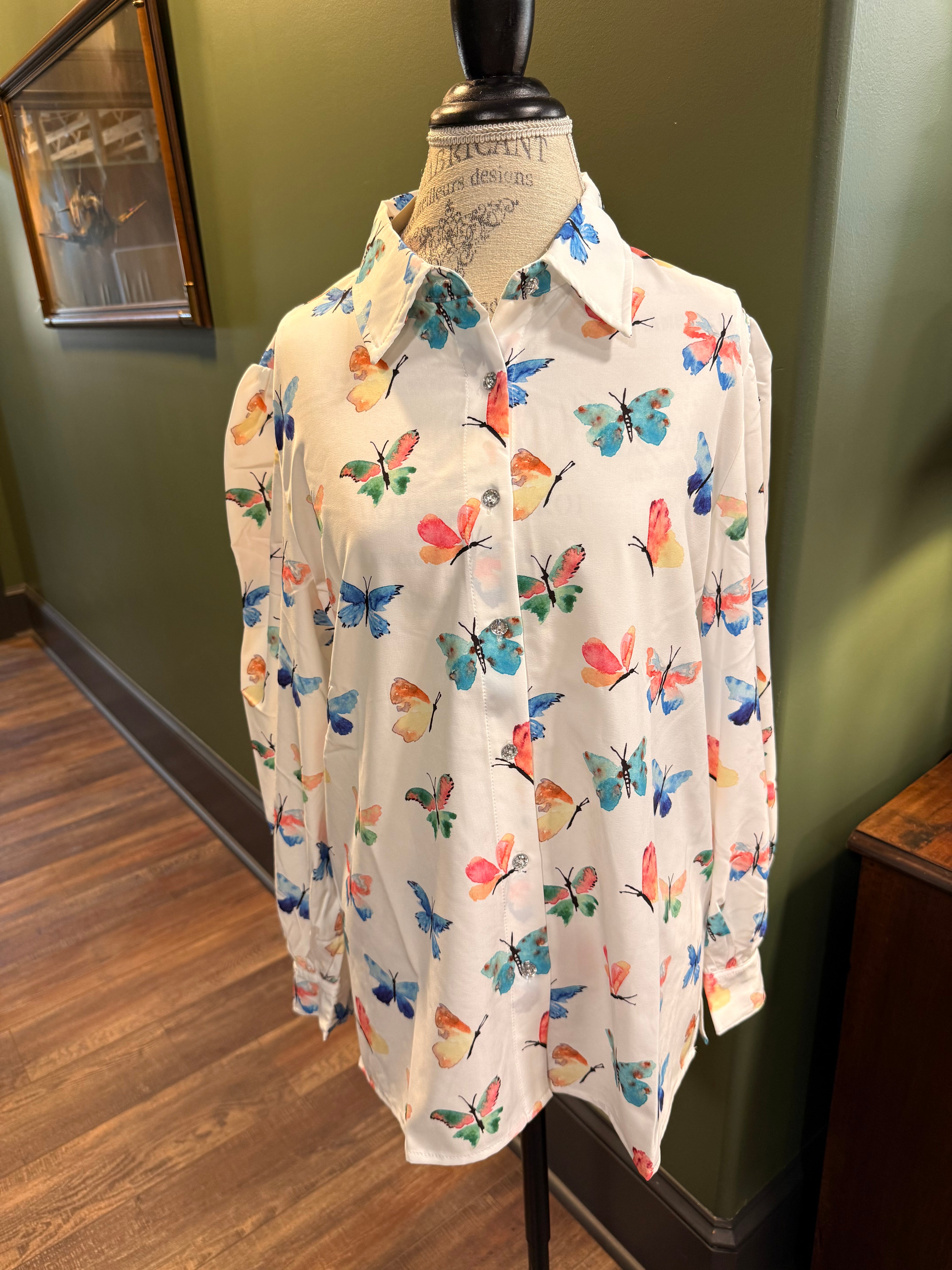 Butterfly Blouse Adorned with Rhinestone Buttons