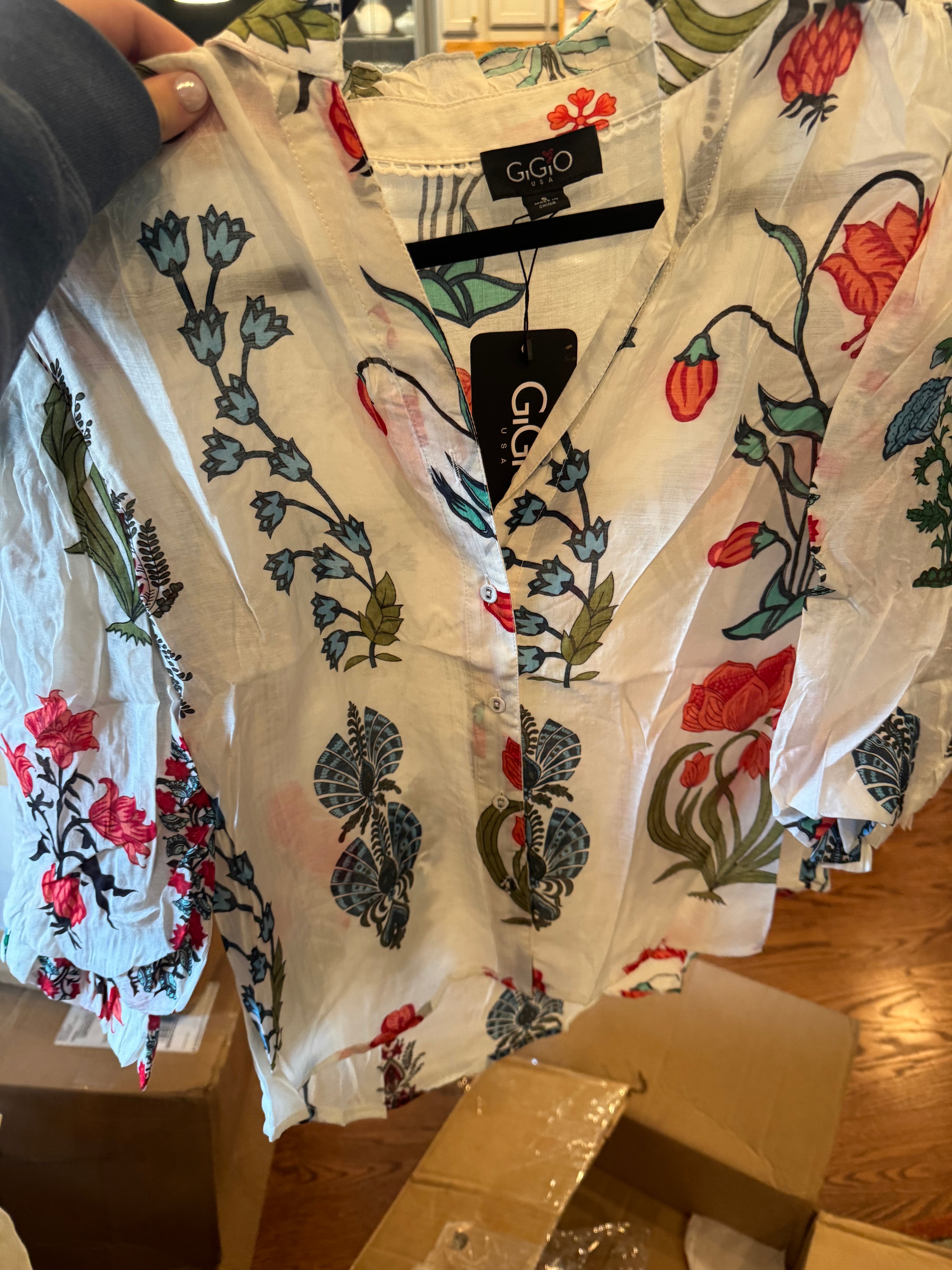 White Floral Printed Button Down with balloon Sleeves