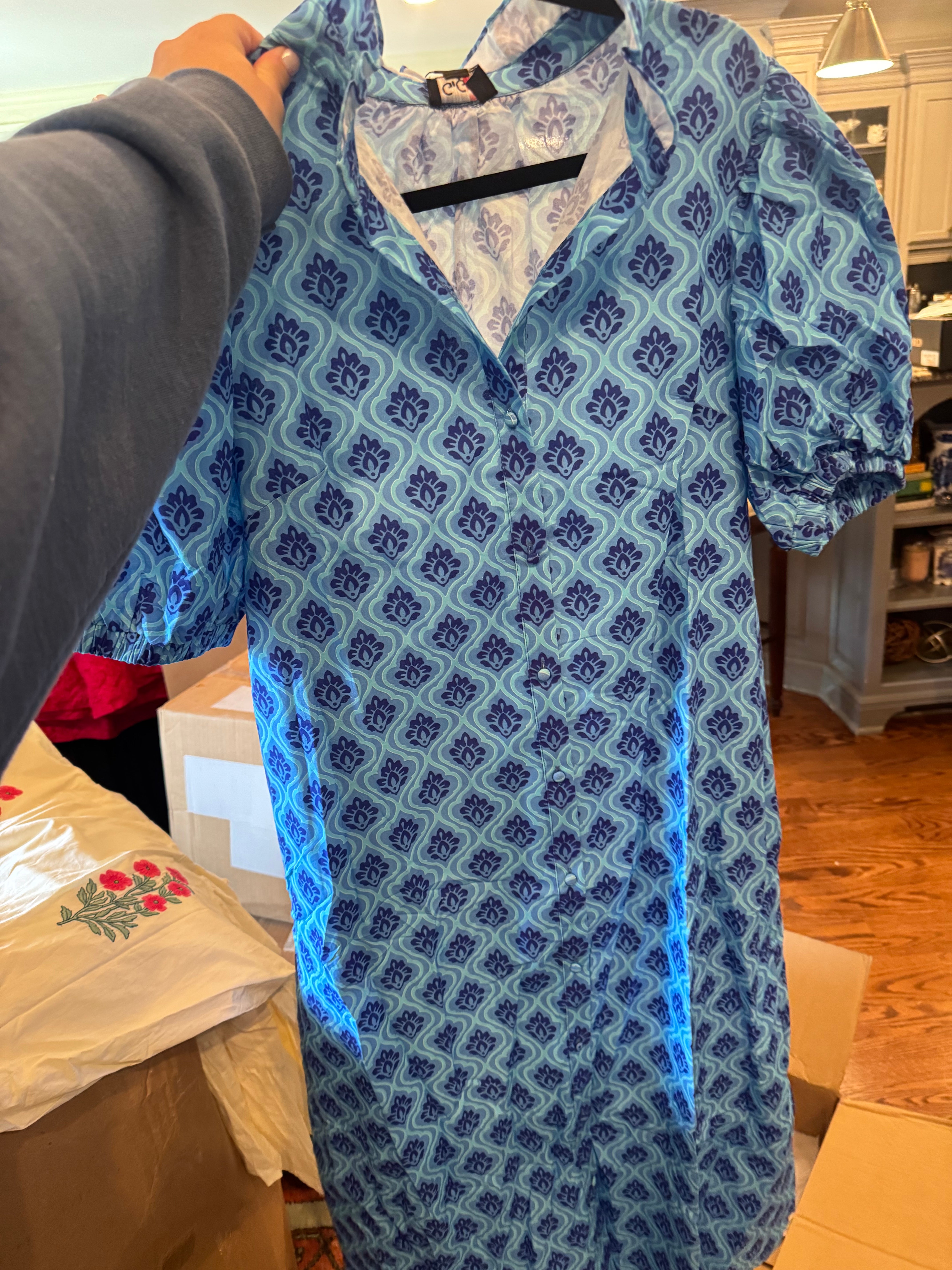 Blue Navy Bright Printed Button Down Midi Dress with Ruffled Collar