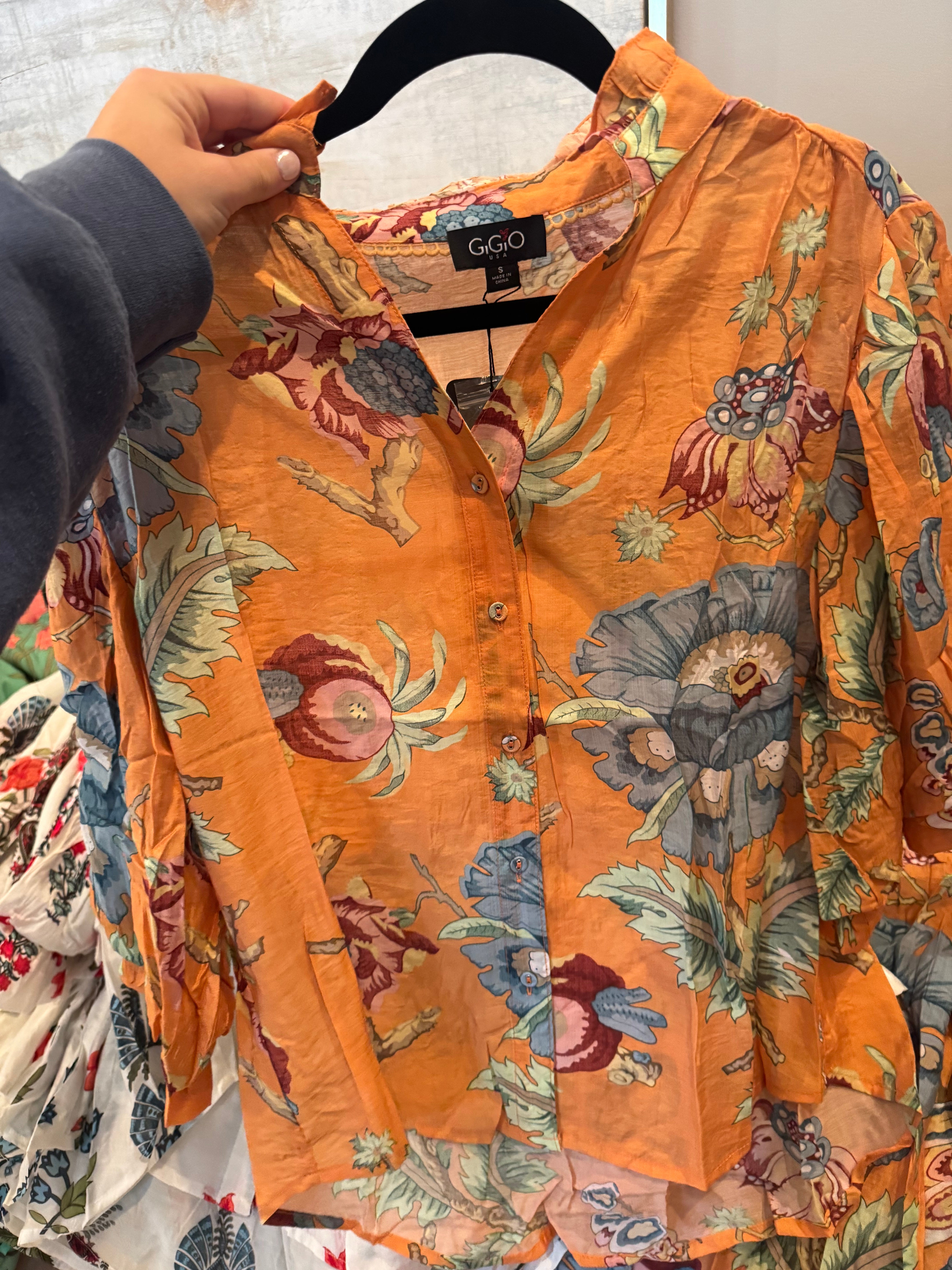 Coral Printed Button Down with balloon Sleeves