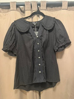 Gigio Black short puff sleeve blouse with Peter Pan collar