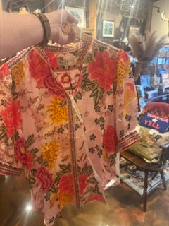 Hale Bob Pink Floral Long Shirt 3/4 sleeve button down pink floral
