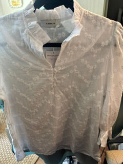 Yana K White Cotton Embroidered ruffle top