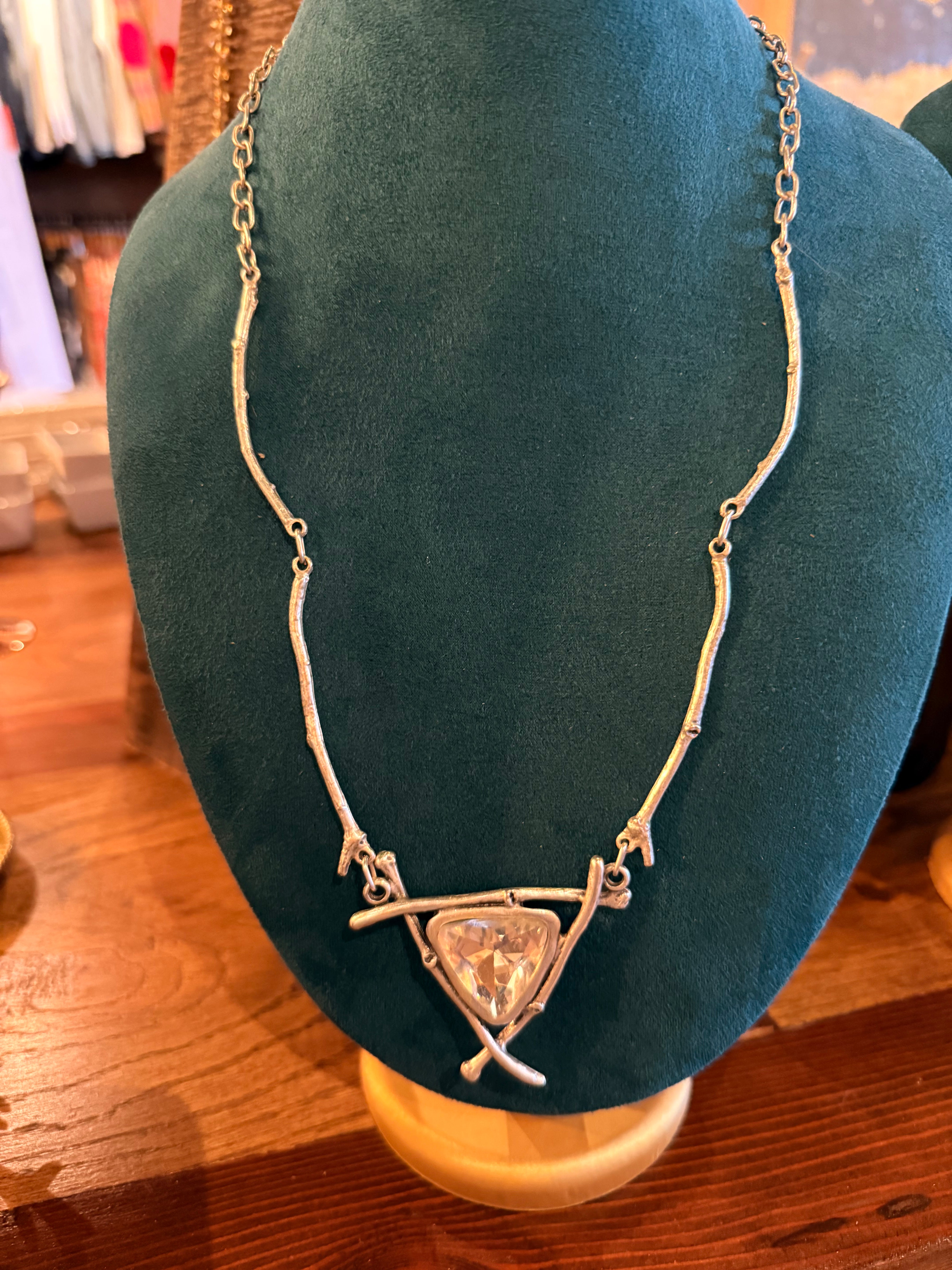 Silver Statement Necklace with Crystal Accent