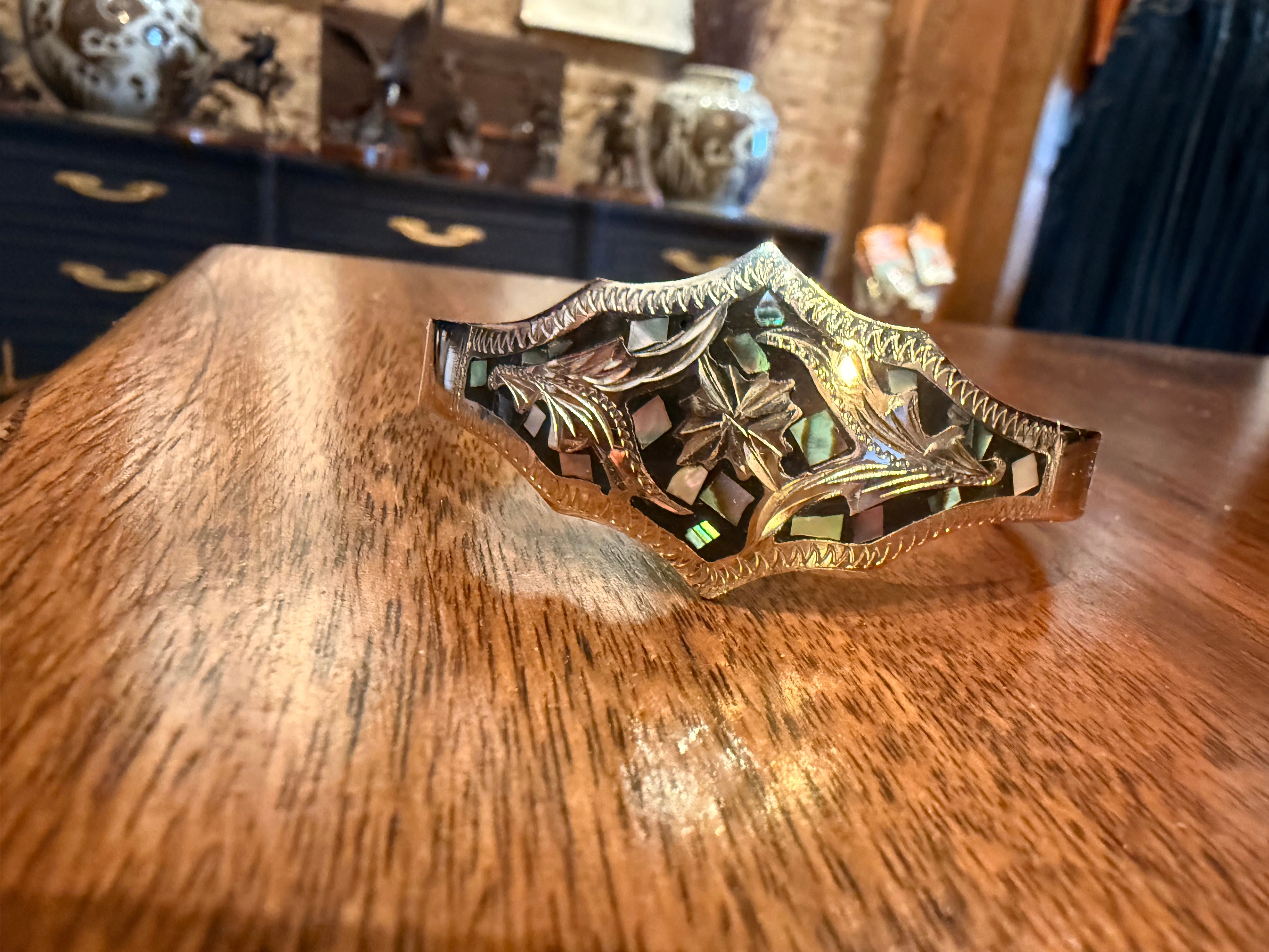 Vintage Alpaca Silver Bracelet with Abalone Shell Inlay
