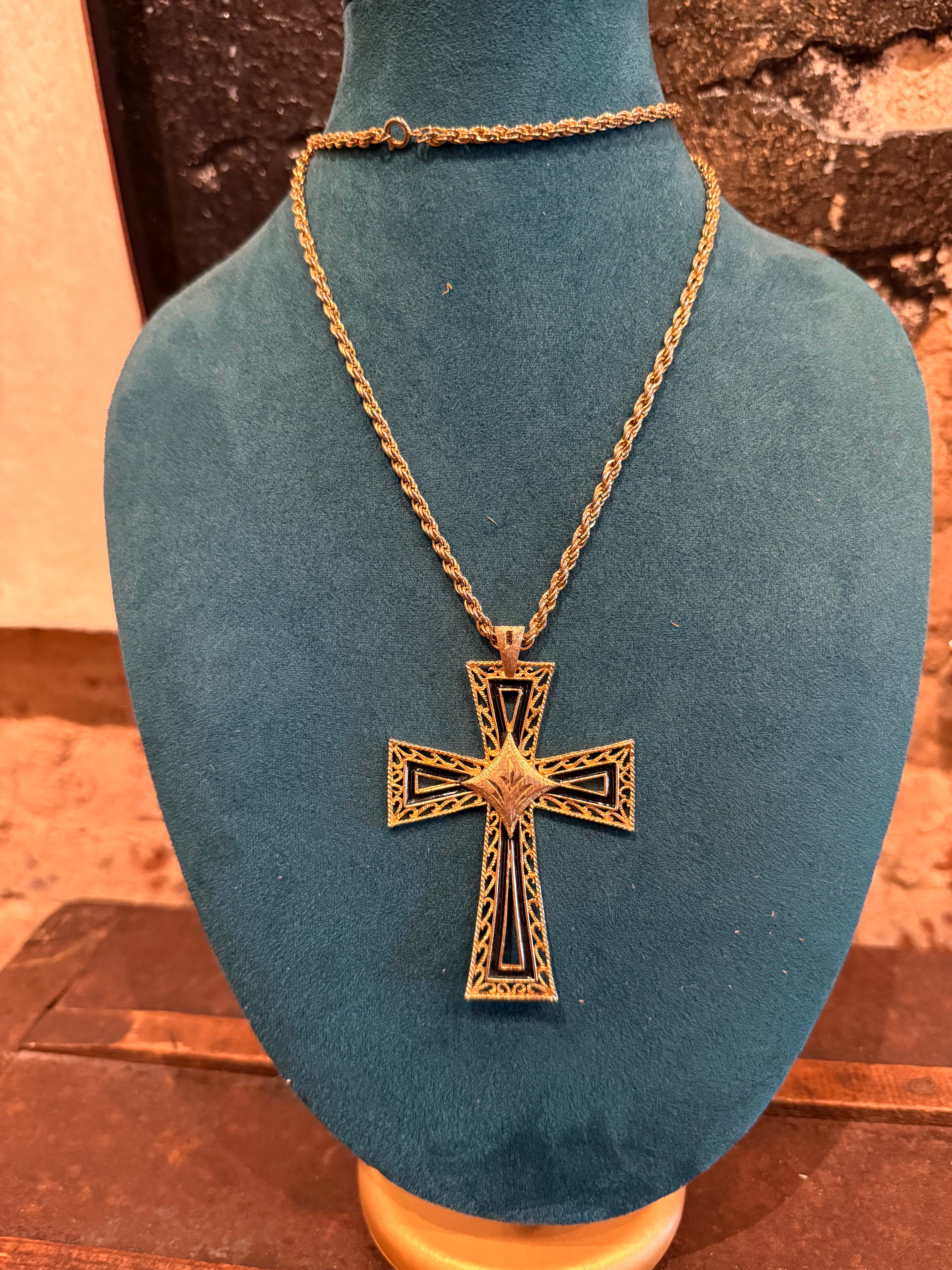 Vintage Gold Cross Statement Rope Chain Necklace