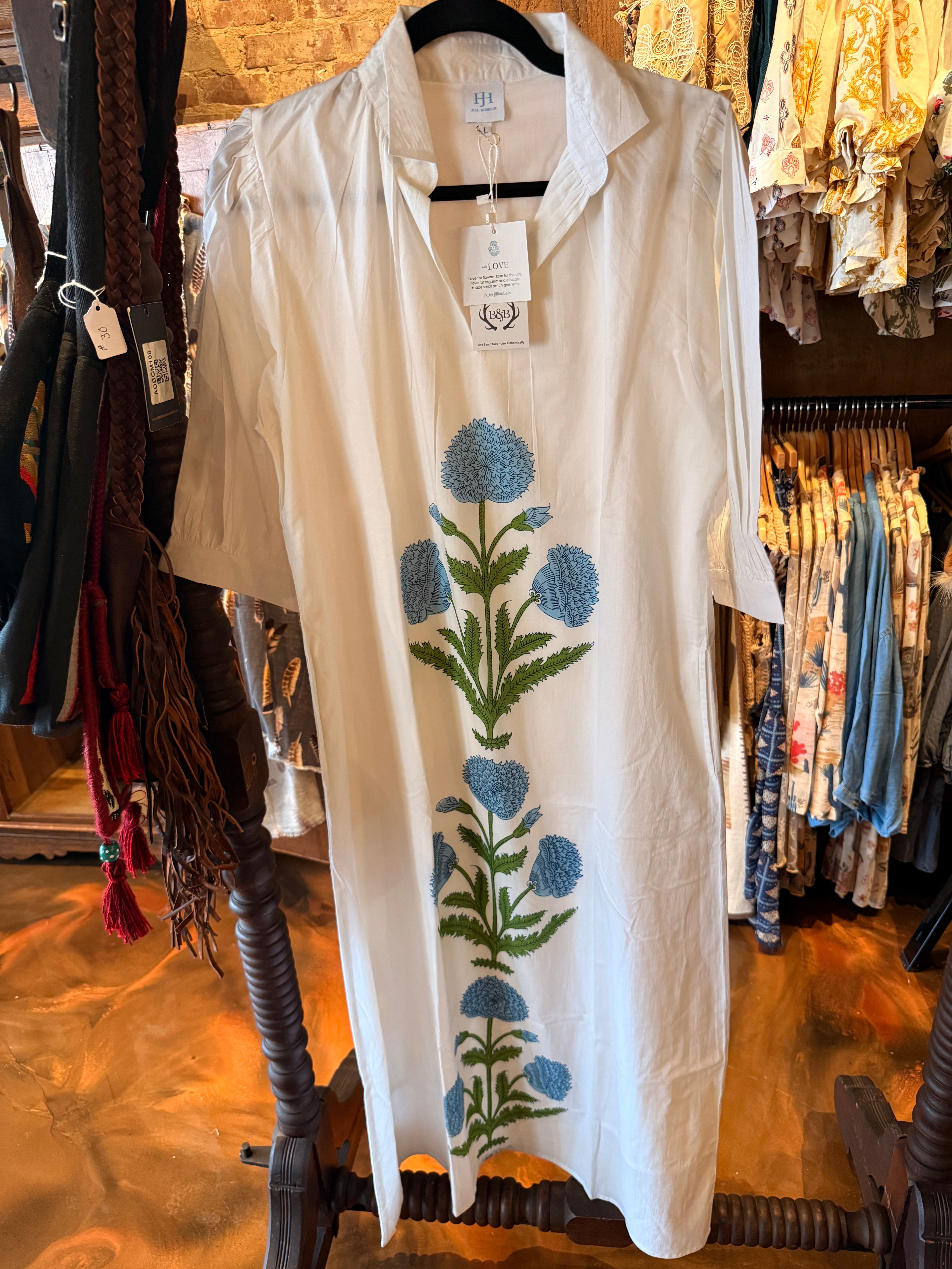 Laurie Dress with White Floral Design in White