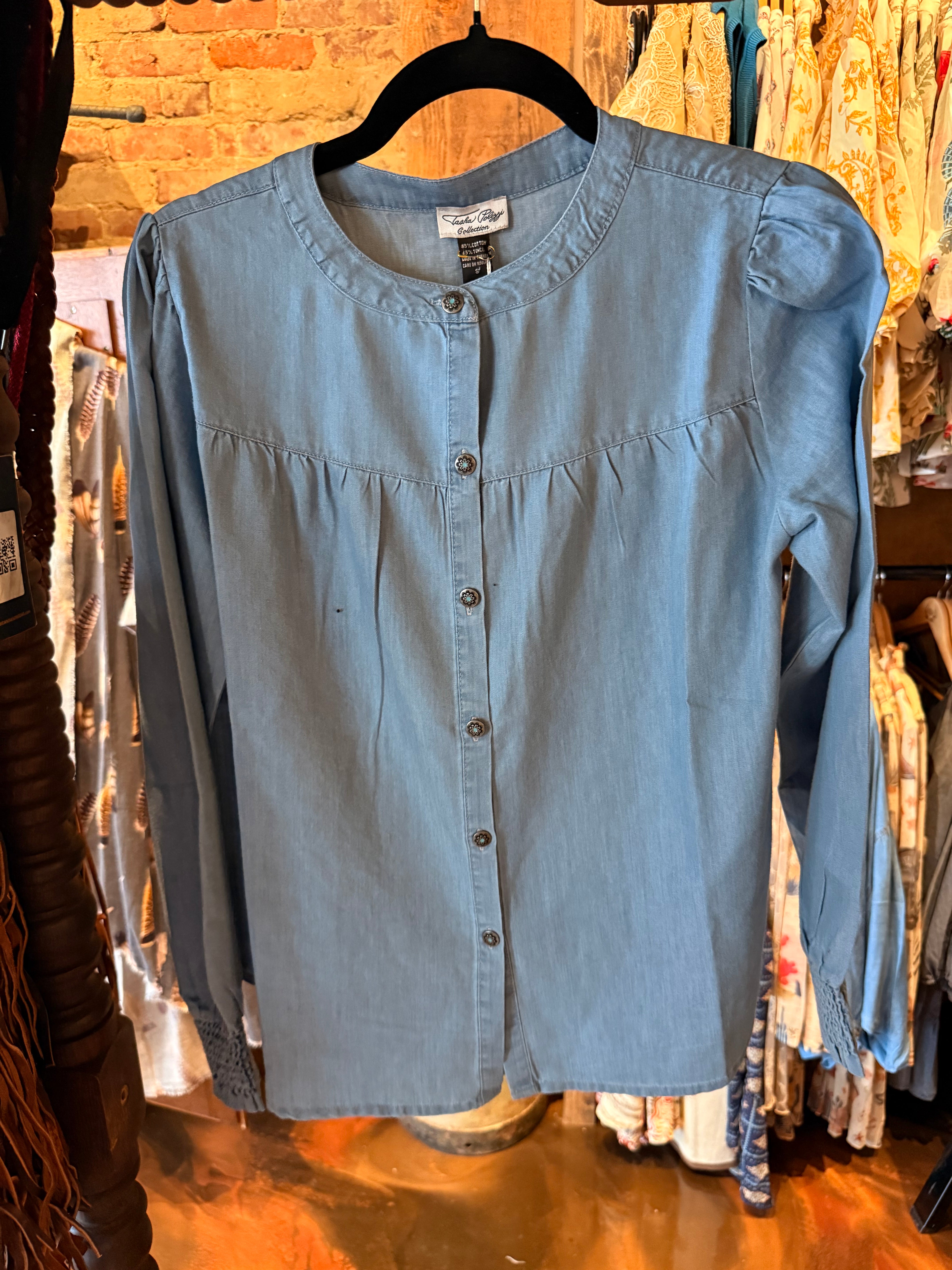 Light Blue Denim Blouse with Silver Turquoise Buttons