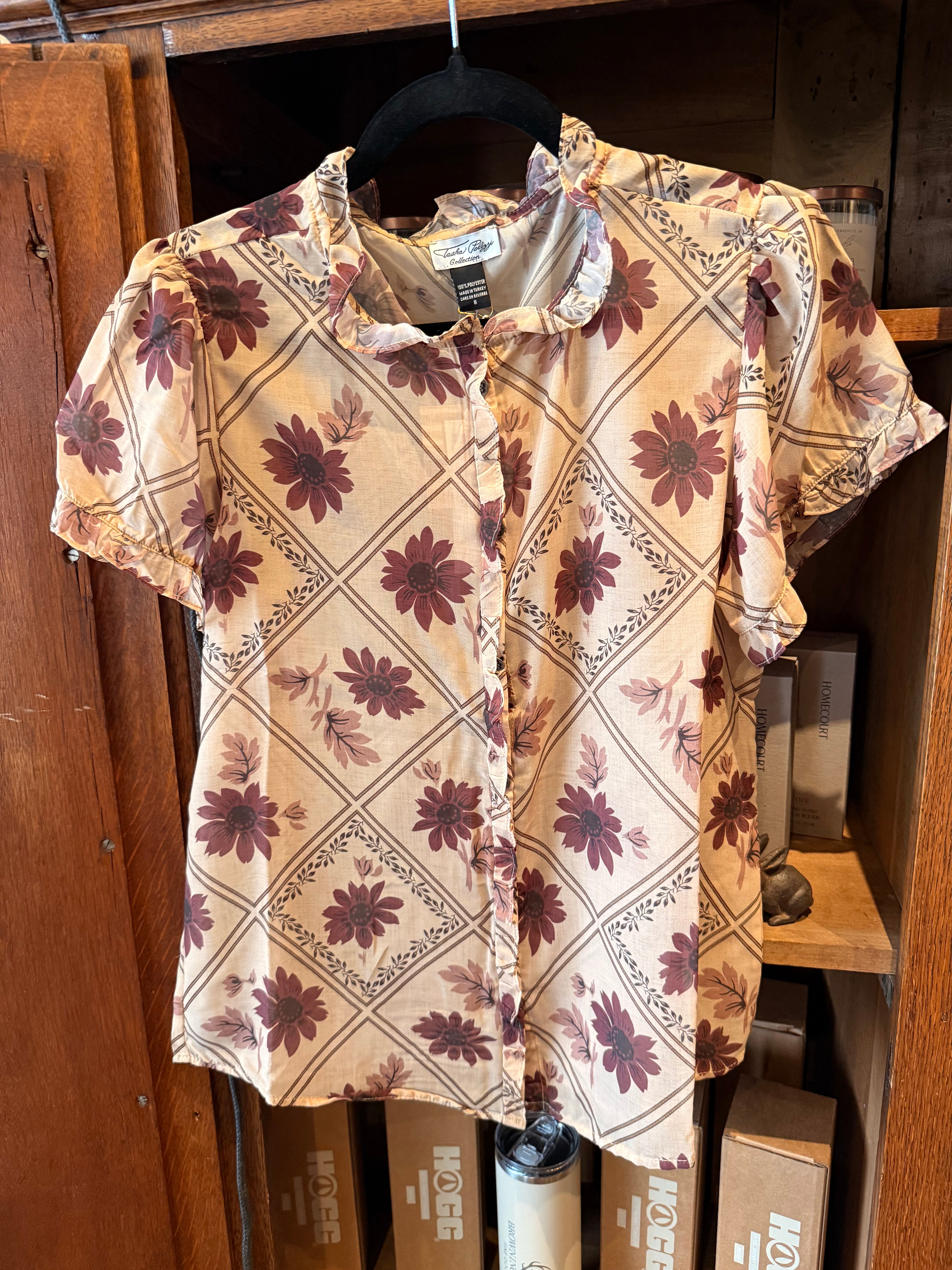 Brown and Ivory Floral Button Up Short Sleeve Blouse
