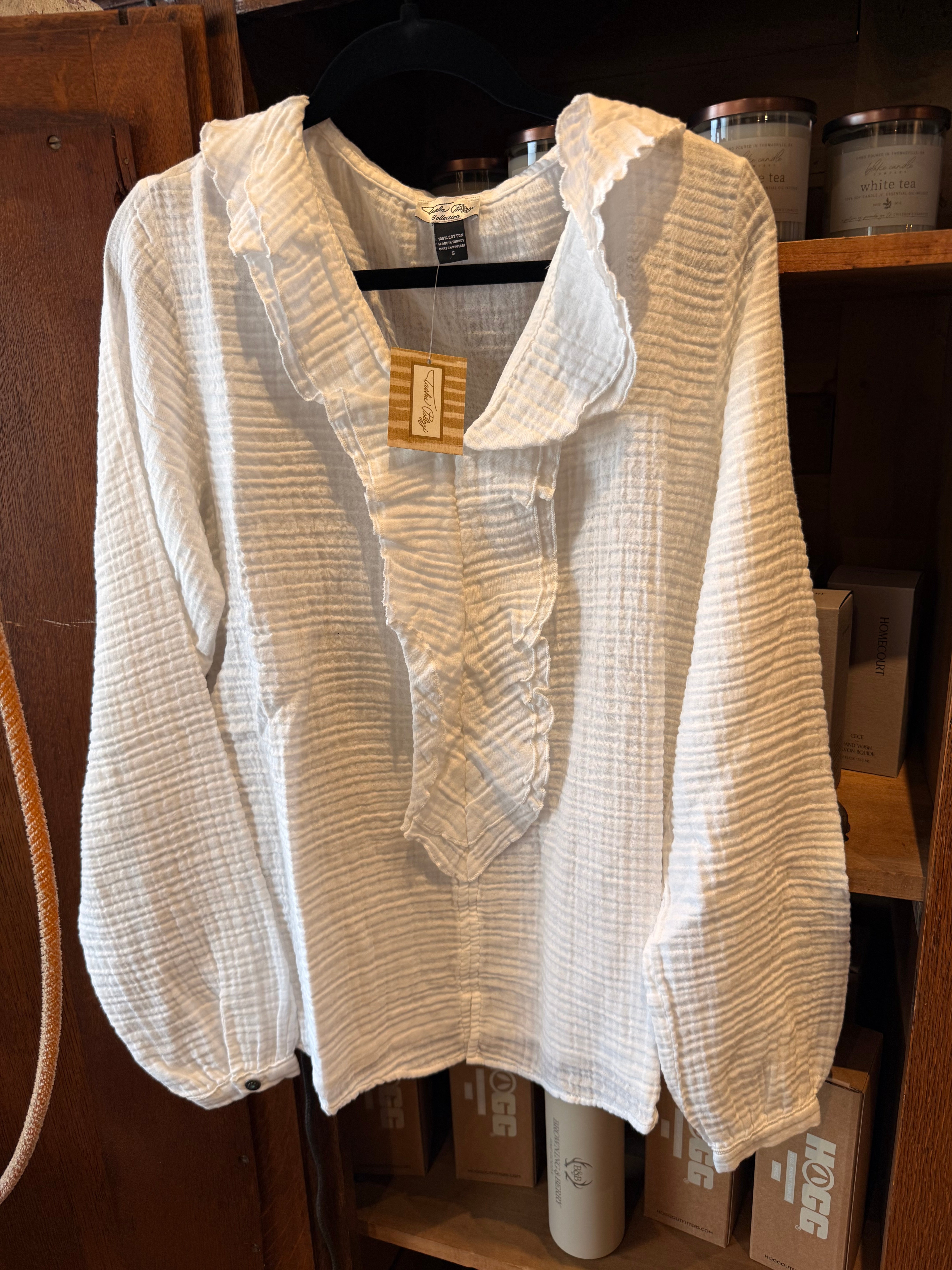 White Gauze Ruffle Front Blouse