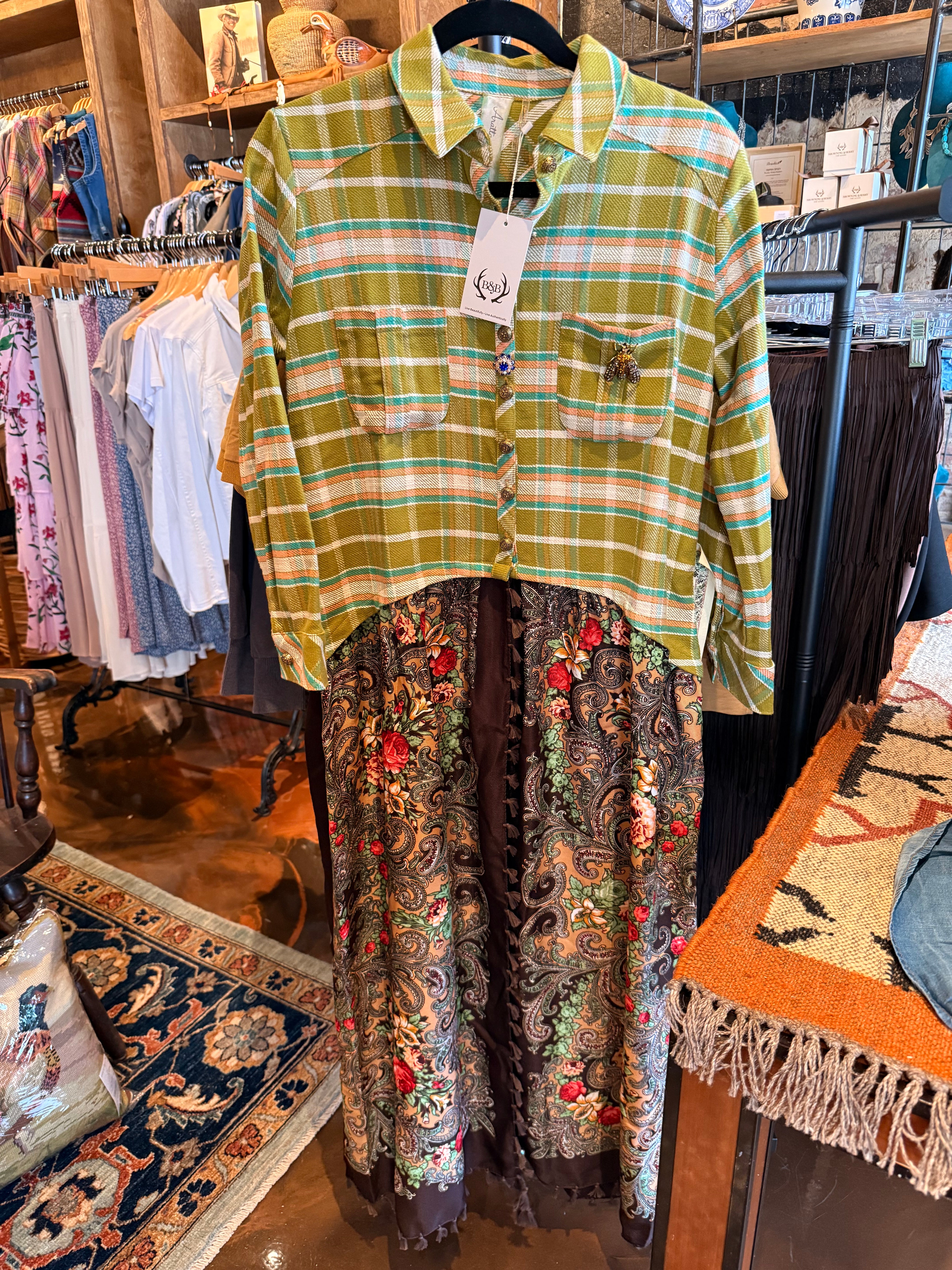 Green & Floral Plaid Duster Dress