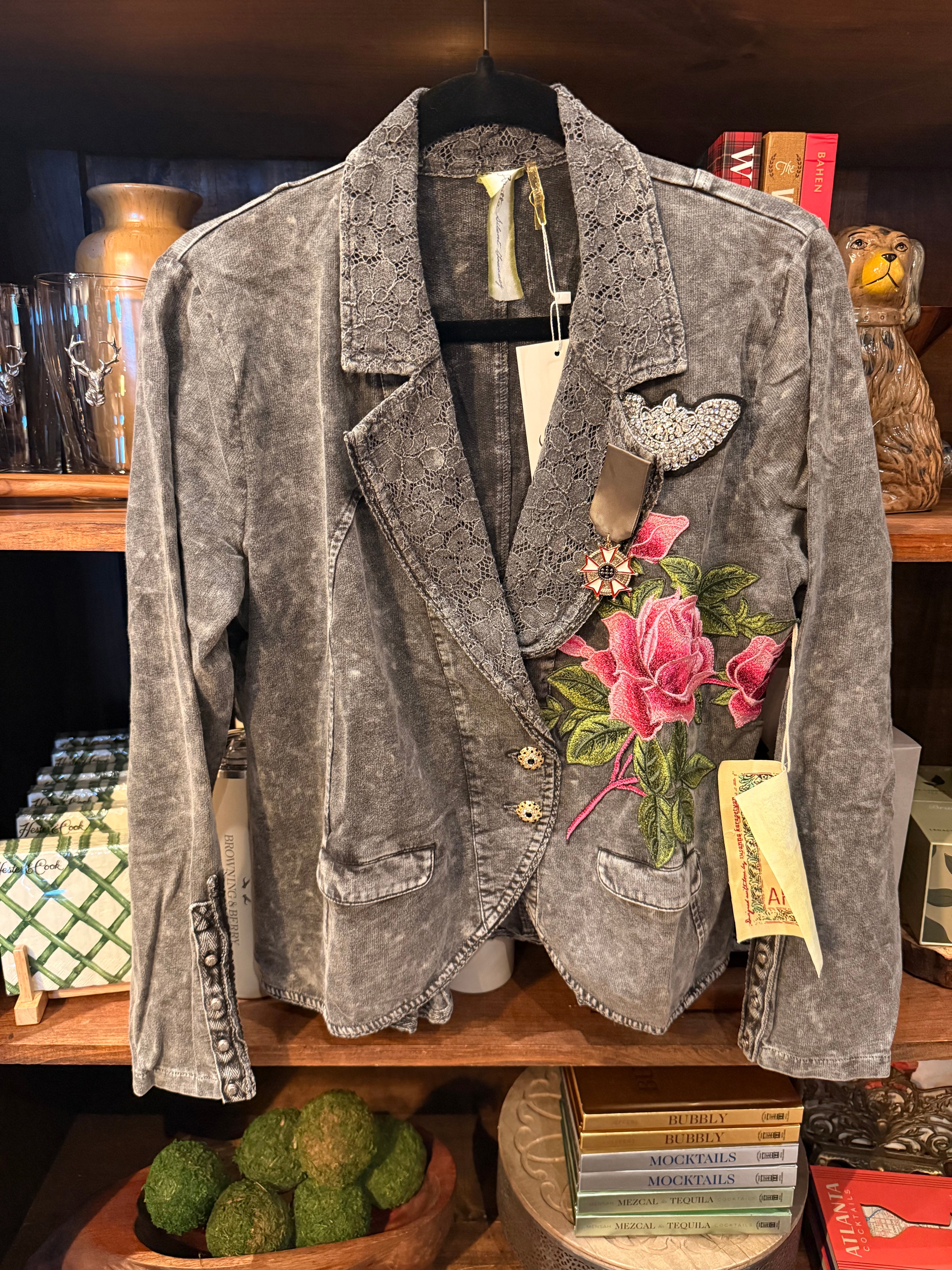 Grey Acid Washer Embroidered Cotton Blazer