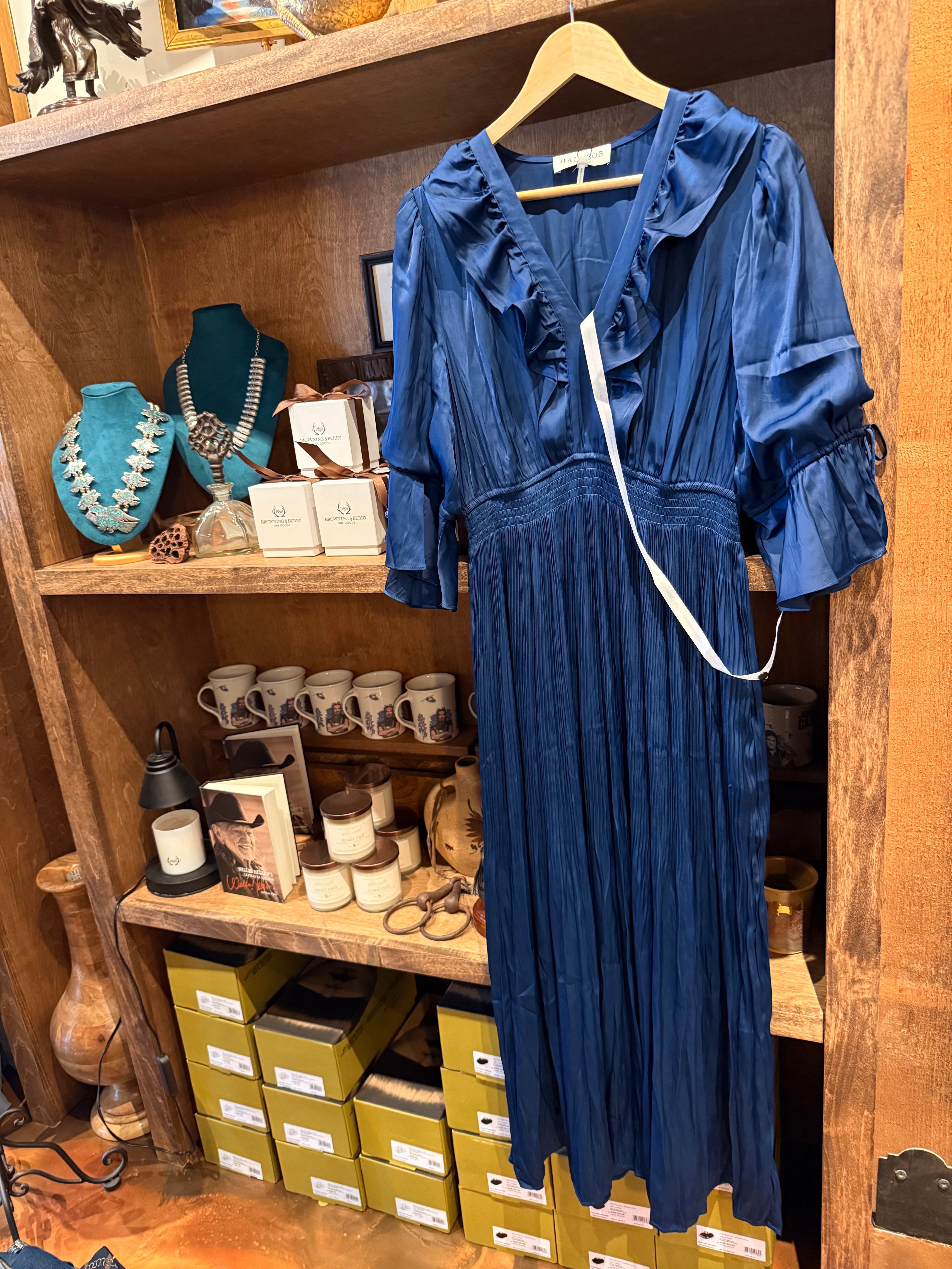 Meridian Navy Satin Ruffle Maxi Dress