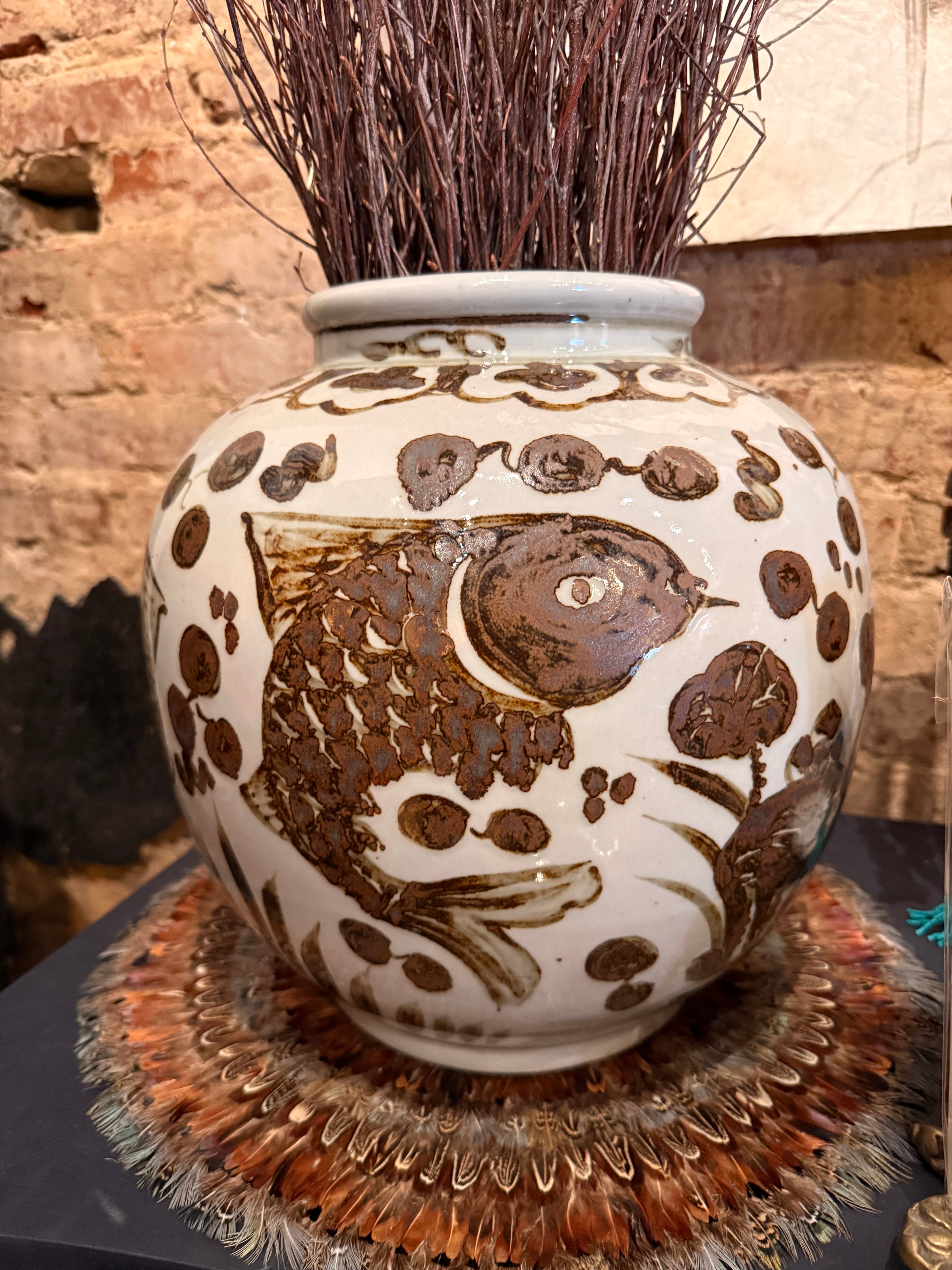 Ivory and Brown Fish Jar