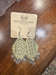 Diamond Shape beaded earring Green/White with Silver dangles