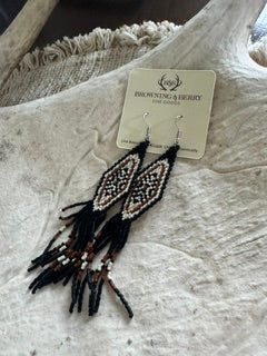 Diamond shape long beaded earrings with fringe