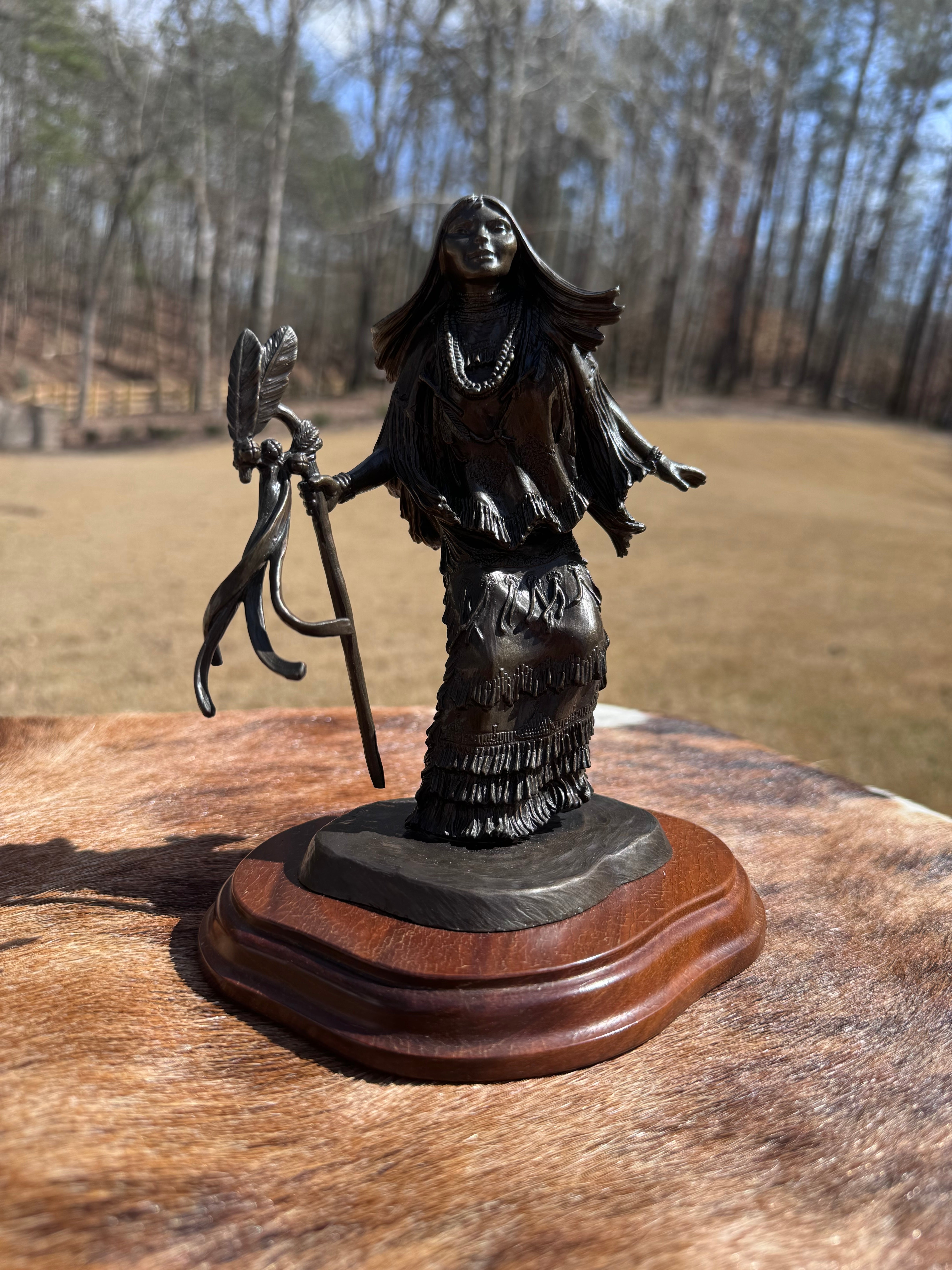 Indian Maiden Warrior with Walking Stick Sculpture