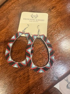 Long oval hoop with black, red, turquoise seed beads