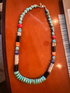 Paige Wallace Turq, coral, black,blue, green & SS necklace