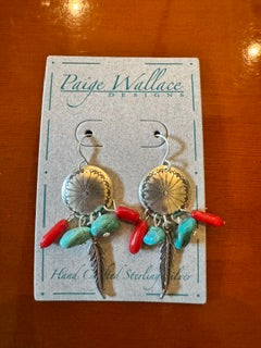 Paige Wallace Earrings concho with turq, coral SS feathers