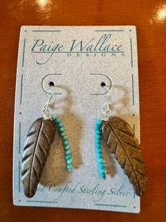 Paige Wallace Wood feather & turq beads drop