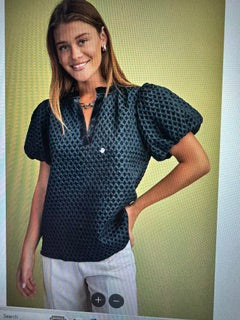Gigio Navy Textured Puff Sleeve Velveteen VNeck