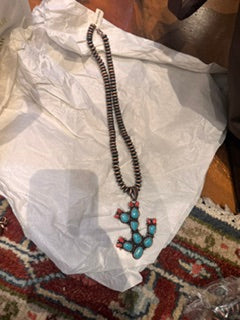 Copper Navajo pearls with Cactus pendant turq & coral stones