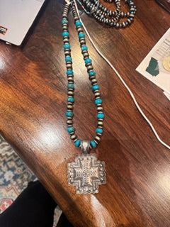 Chunky Navajo pearls with tuq and cross pendant