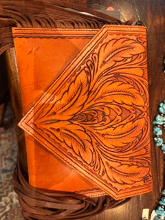 AD Light Brown Tooled Envelope Purse with fringe