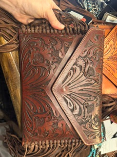 AD Dark Brown Tooled Envelope Purse with fringe
