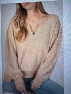 Waffle Knit Rib Trim Long Sleeve Top