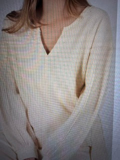 Waffle Knit Rib Trim Long Sleeve Top