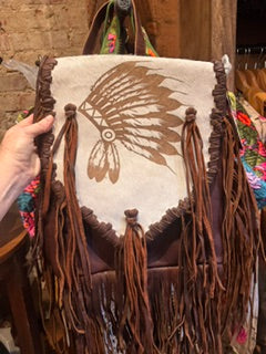 Leather Bag with fringe with Indian headdress