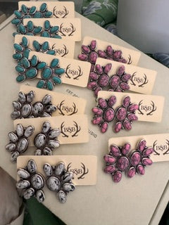 Pink/Grey/Turq Sqyash Blossom Stoned Earrings