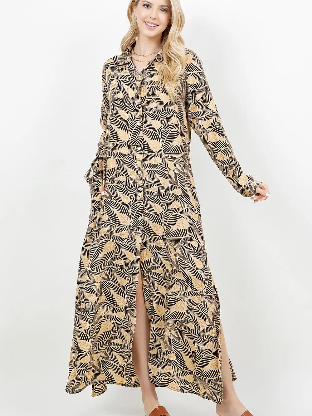 Gold & Black Palm Leaf Button Up Shirt Dress