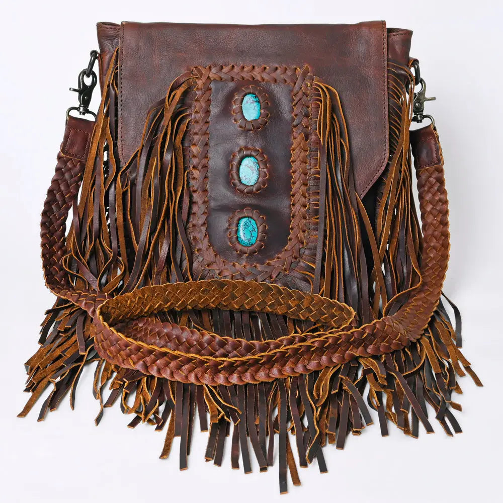 Fringe Leather Purse Adorned with Turquoise Inlay