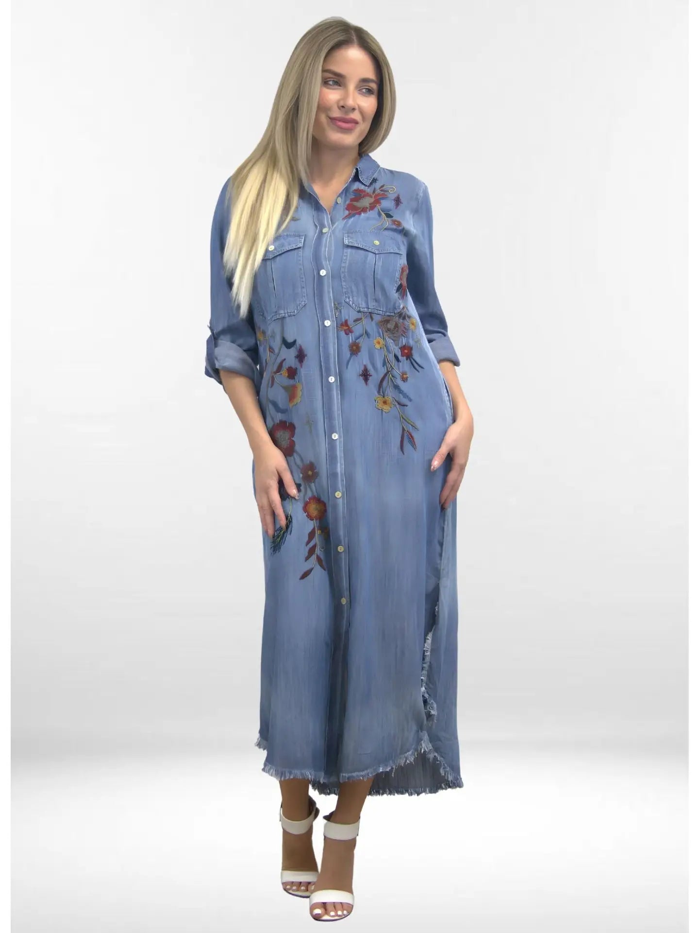 Savina Button Front Embroidered Denim Dress