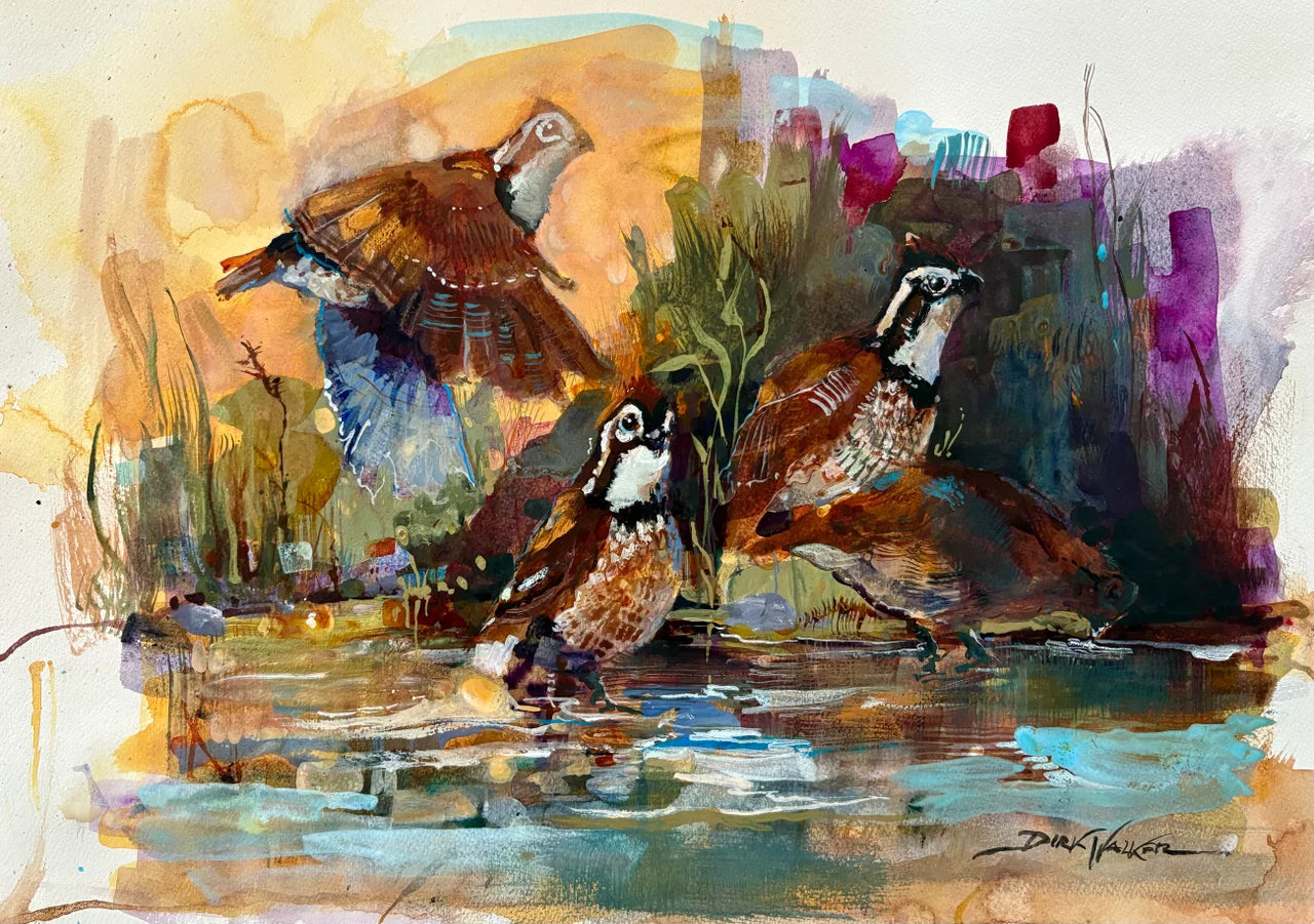 Fly By The Morning Watering Hole - Bobwhite Quail (Custom Framed)