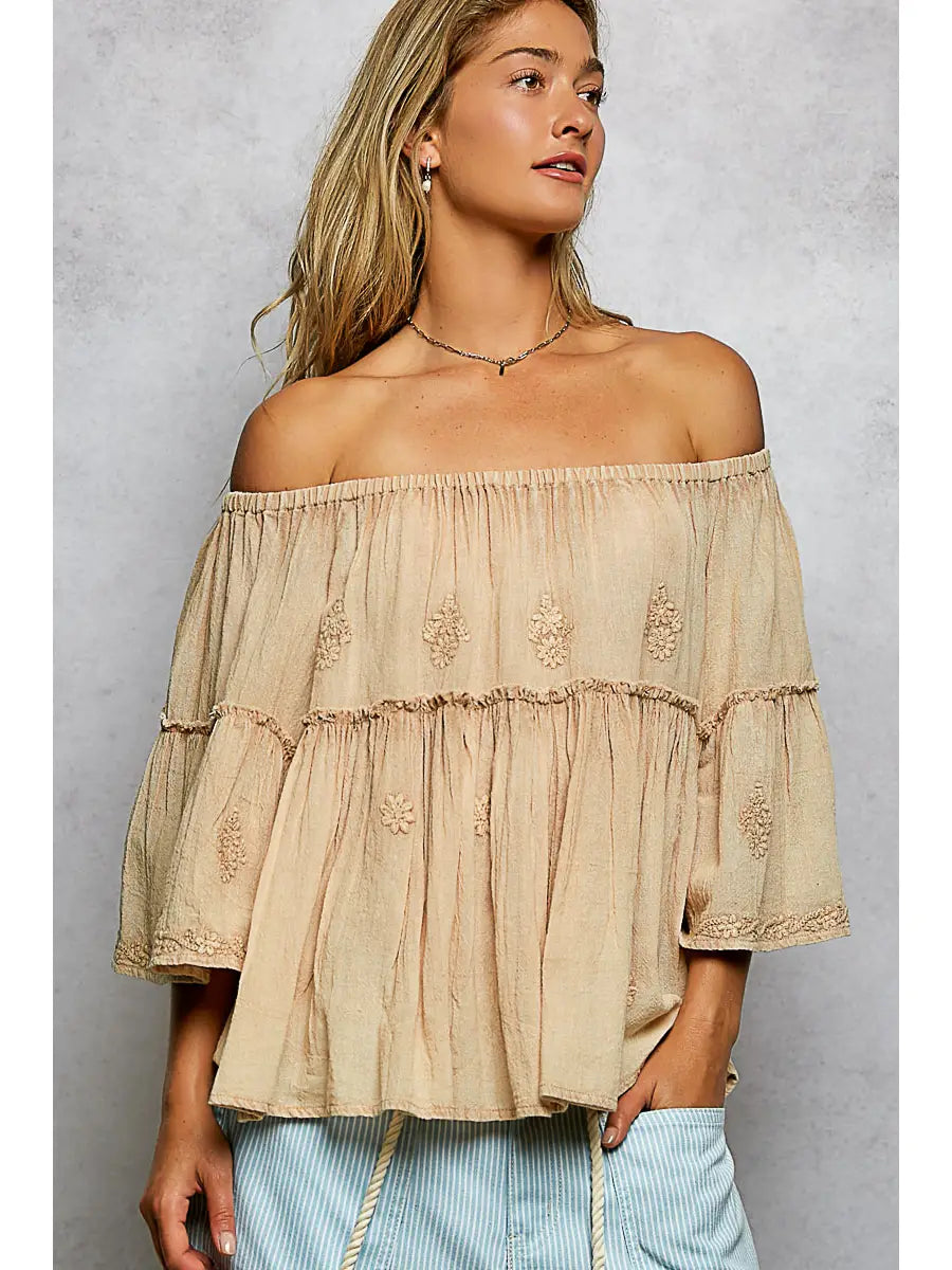 Floral Embroidered Off the Shoulder Cotton Top in Almond