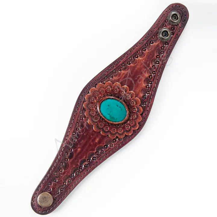 Stamped Leather Cuff Bracelet - Burgundy Finish with Turquoise Stone