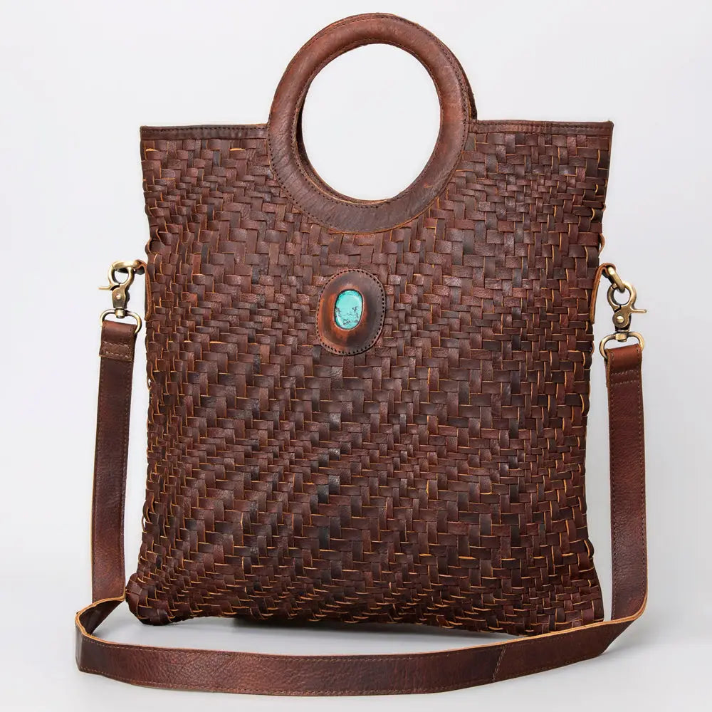 Handwoven Western Leather Tote Bag with Turquoise Stone Accent (Amy got one)